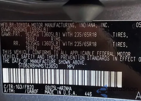 2021 Toyota Highlander Le from USA, damaged, VIN 5TDBZRBH4MS123650
